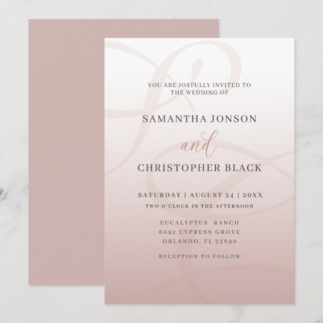 Minimalist Blush Pink Monogram Script Wedding Invitation (Front/Back)