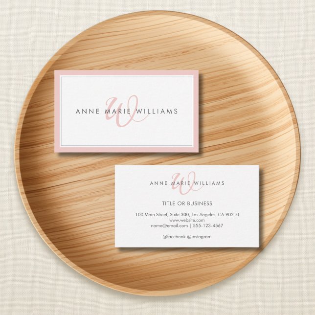 Minimalist Blush Pink Script Two Border Monogram Business Card (Creator Uploaded)