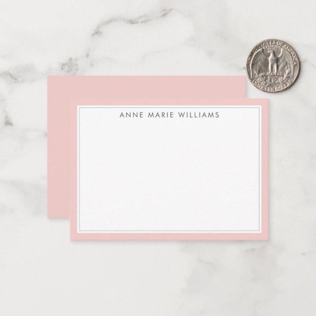 Minimalist Blush Pink Two Border Name Note Card (Front/Back In Situ)