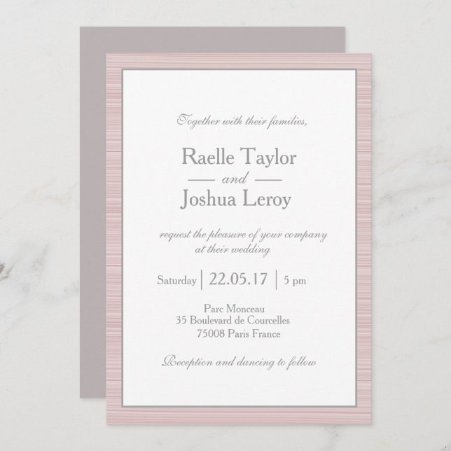 Minimalist blush pink white grey stripes wedding invitation (Front/Back)