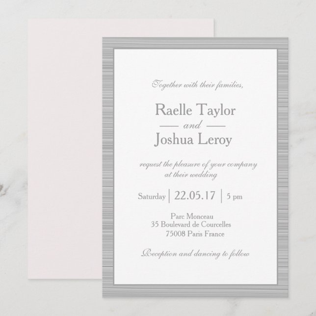 Minimalist blush pink white grey stripes wedding invitation (Front/Back)