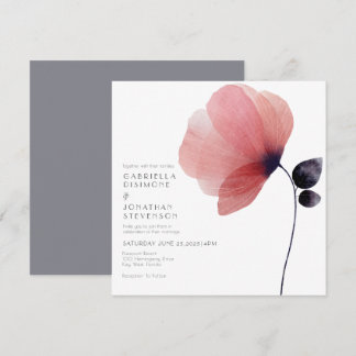 Minimalist Blush Watercolor Poppy Grey Wedding Invitation