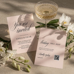 Minimalist Blush Wedding Invitation with QR Code 