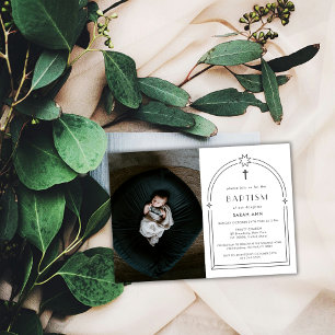 Minimalist Boho Arch Photo Cross Baptism  Invitation