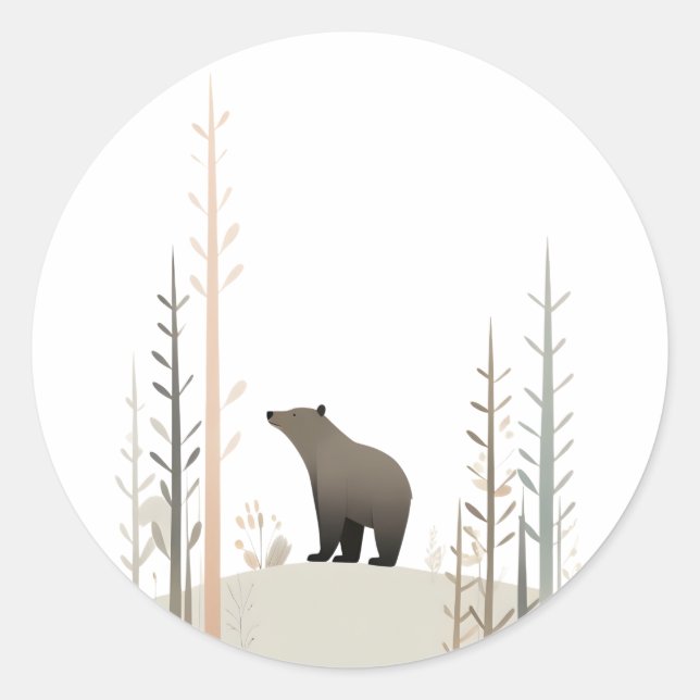 Minimalist Boho Bear in the Woods Classic Round Sticker (Front)