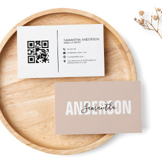 Minimalist Boho Beige QR Code Modern Business Card