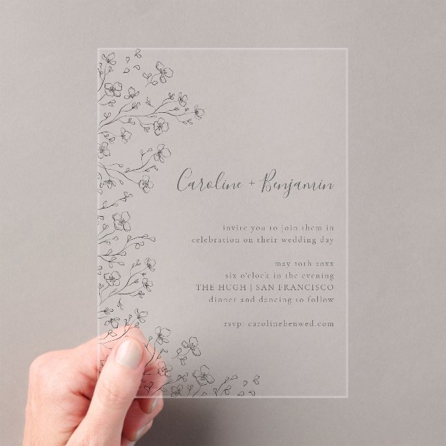 Minimalist Boho Black White Floral Art Wedding Acrylic Invitations (Insitu (Handheld))