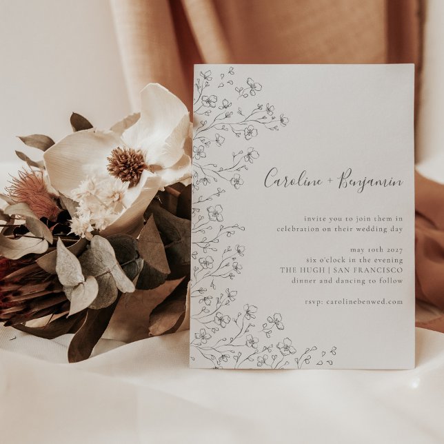 Minimalist Boho Black White Floral Art Wedding Invitation (Creator Uploaded)