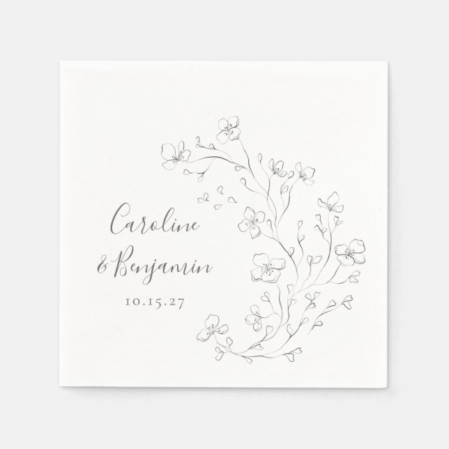 Minimalist Boho Black White Floral Art Wedding Napkin (Front)