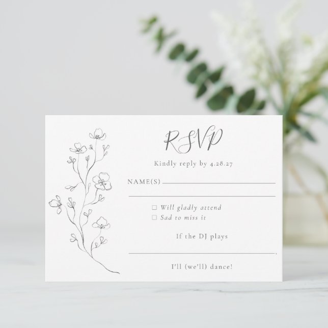 Minimalist Boho Black White Floral Art Wedding RSVP Card (Standing Front)