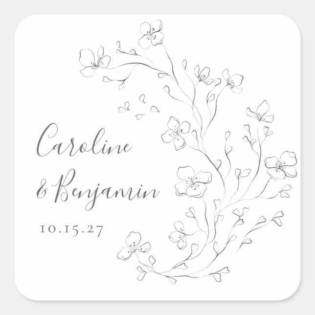 Minimalist Boho Black White Floral Art Wedding Square Sticker (Front)