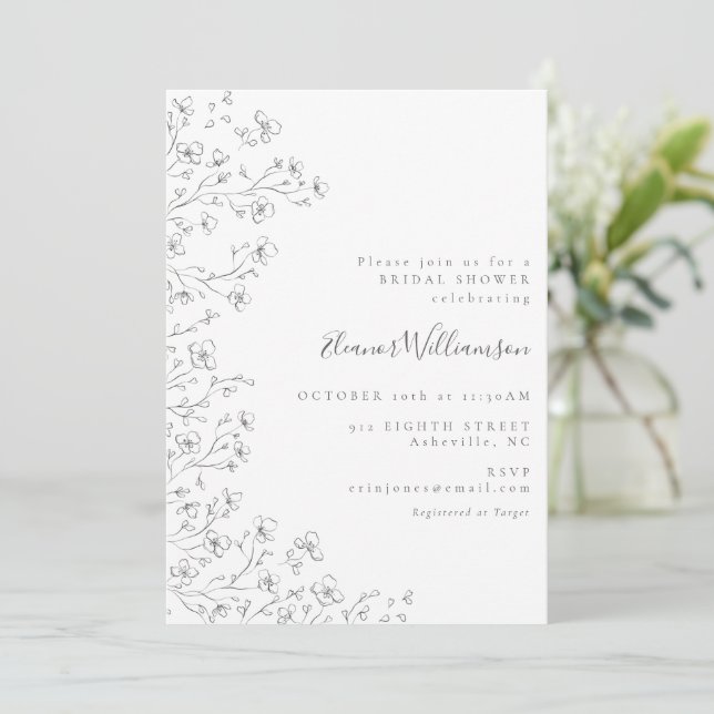 Minimalist Boho Black White Floral Bridal Shower Invitation (Standing Front)