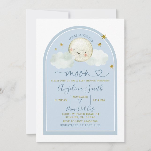 Minimalist Boho Blue Over The Moon Baby Shower Invitation (Front)