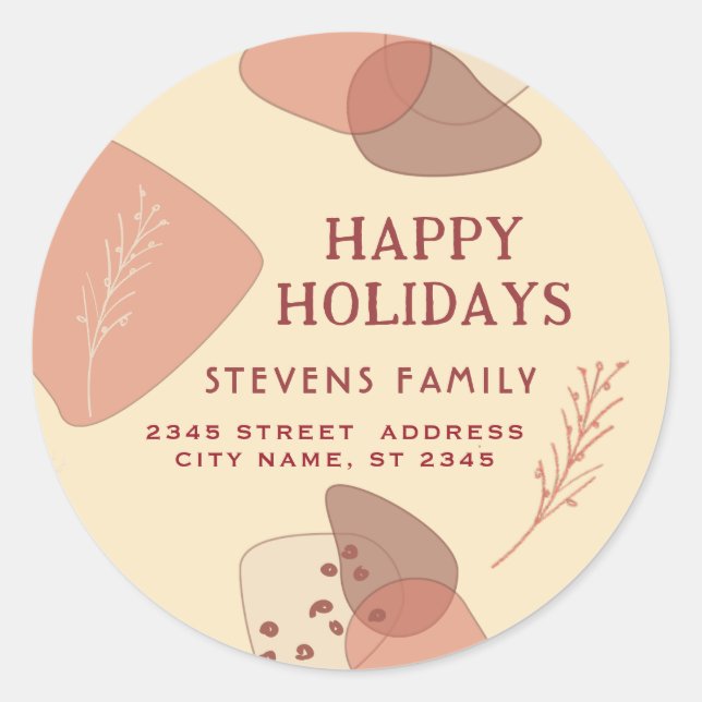 Minimalist boho botanical Happy Holidays Classic Round Sticker (Front)