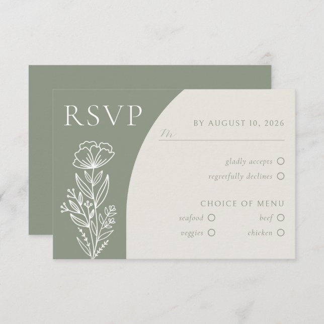 Minimalist Boho Botanical Sage Green RSVP Enclosure Card (Front/Back)