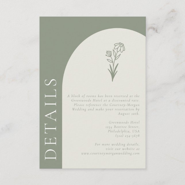 Minimalist Boho Botanical Sage Wedding Details Enclosure Card (Front)