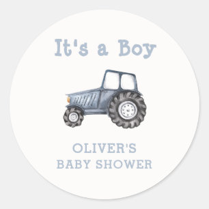 Minimalist Boho Boy Watercolor Tractor Baby Shower Classic Round Sticker