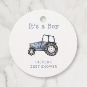 Minimalist Boho Boy Watercolor Tractor Baby Shower Favour Tags