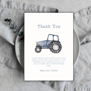 Minimalist Boho Boy Watercolor Tractor Baby Shower Thank You Card