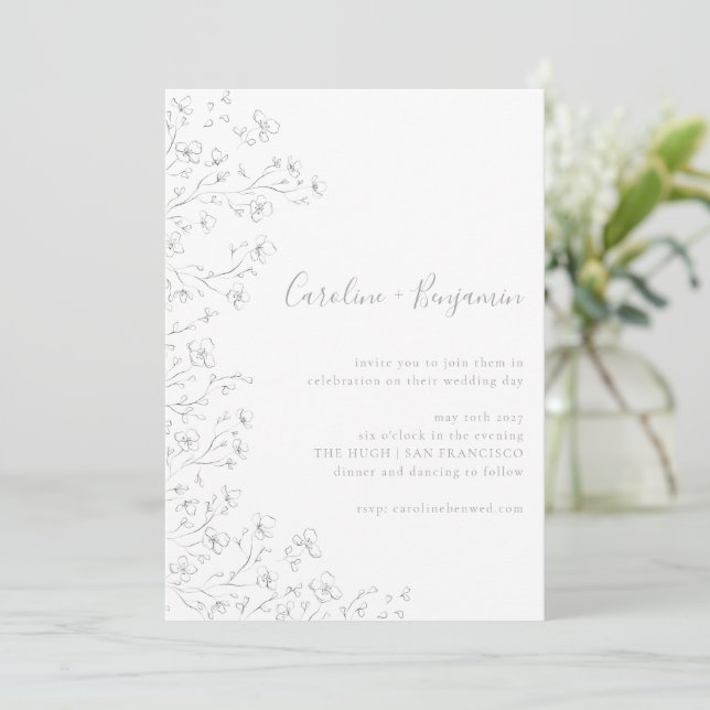 Minimalist Boho Cherry Blossom Floral Art Wedding Invitation (Standing Front)