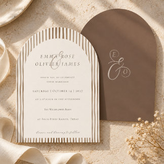 Minimalist Boho Cocoa Brown Stripes Ivory Wedding Invitation