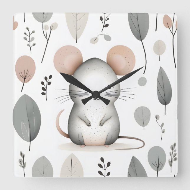 Minimalist Boho Cute Mouse Leaf Nursery Kids Room  Square Wall Clock (Front)