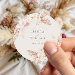 Minimalist Boho Fall Floral Wedding Classic Round Sticker<br><div class="desc">A minimalist boho wedding stickers featuring watercolor white peonies,  soft peach roses and pampas grass floral bouquet on an ivory cream colour background.</div>