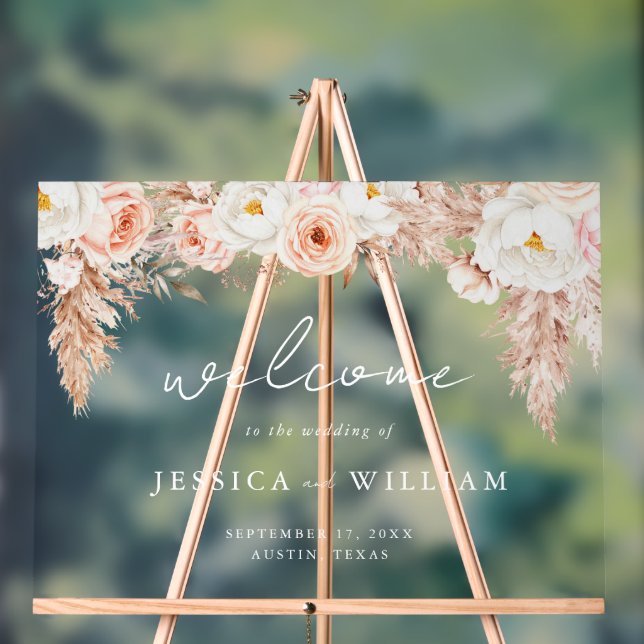 Minimalist Boho Fall Floral Wedding Welcome Acrylic Sign (Neutral)
