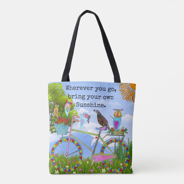 Minimalist Boho Floral Bicycle and Birds Tote Bag (Back)
