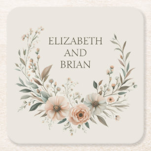 Minimalist Boho Flowers in Ivory and Blush Square Paper Coaster