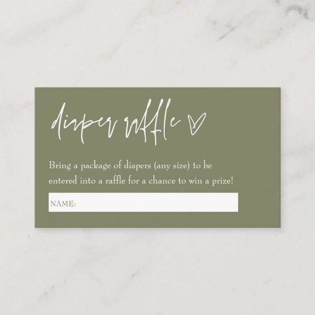 Minimalist Boho Green Hello Baby Diaper Raffle Enclosure Card (Front)