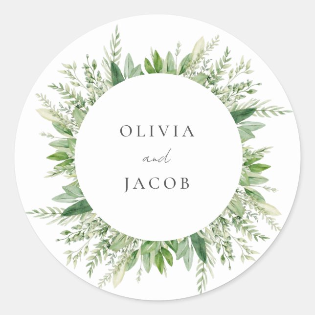 Minimalist Boho Greenery Wedding Classic Round Sticker (Front)