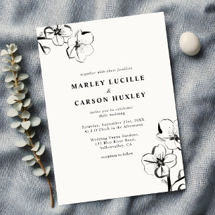 Minimalist Boho Hand Drawn Floral White Wedding Invitation