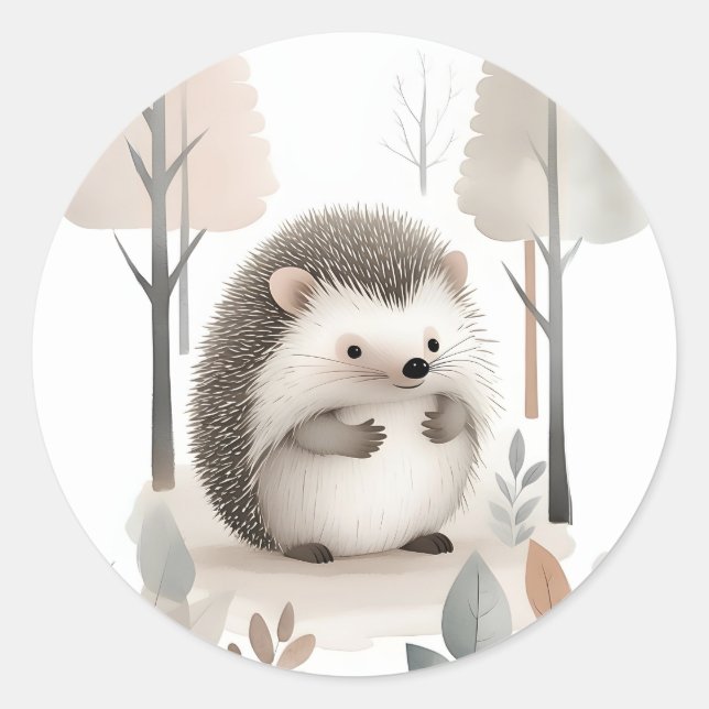 Minimalist Boho Hedgehog in the Woods  Classic Round Sticker (Front)