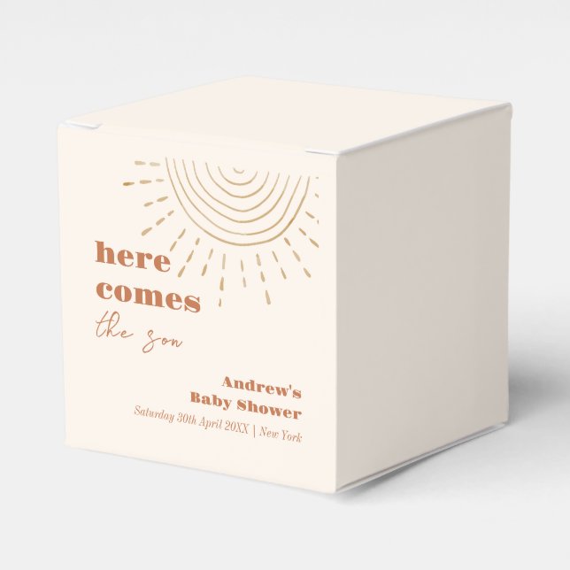 Minimalist Boho Here Comes The Son Baby Shower Favor Box (Front Side)