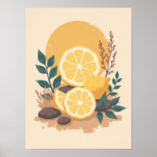 Minimalist Boho Lemon Slices Abstract Kitchen Art Poster