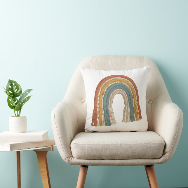 Minimalist Boho Macramé Rainbow Throw Pillow (Chair)