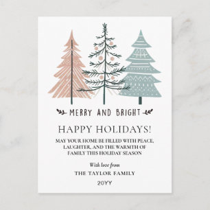 Minimalist Boho Merry and Bright Christmas Trees Holiday Postcard
