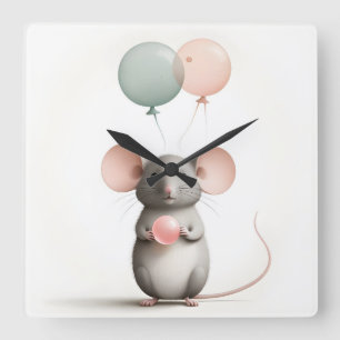 Minimalist Boho Mouse Balloon Nursery Kids Room  Square Wall Clock