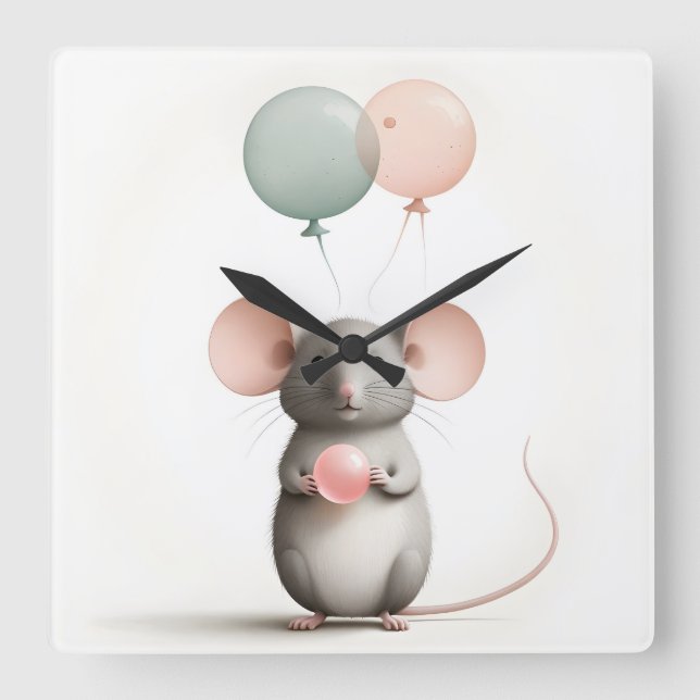 Minimalist Boho Mouse Balloon Nursery Kids Room  Square Wall Clock (Front)