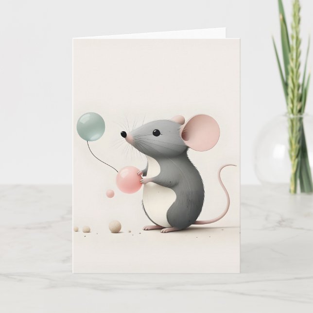 Minimalist Boho Mouse with Balloons Blank Greeting Card (Front)