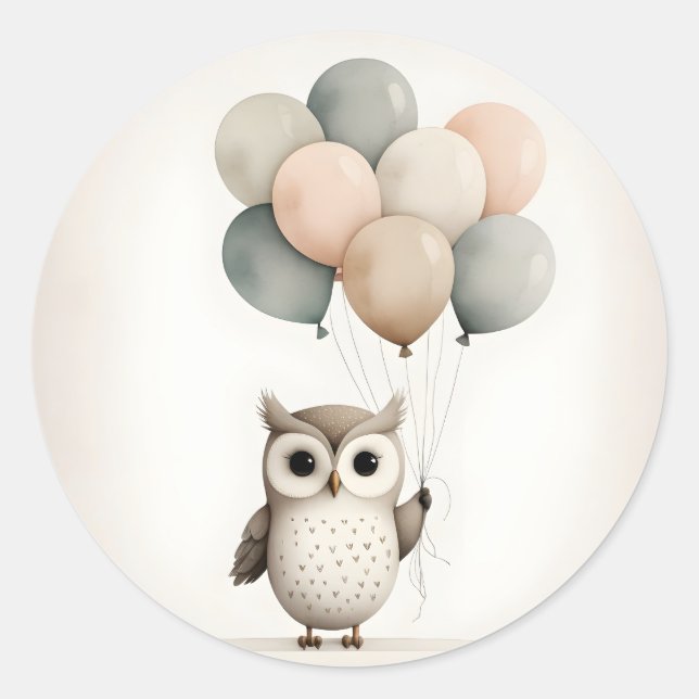 Minimalist Boho Owl with Balloons  Classic Round Sticker (Front)