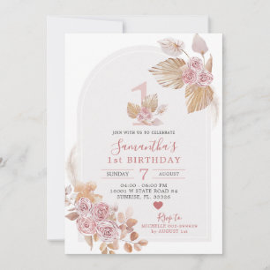 Minimalist Boho Pink Arch 1st Birthday Invitation