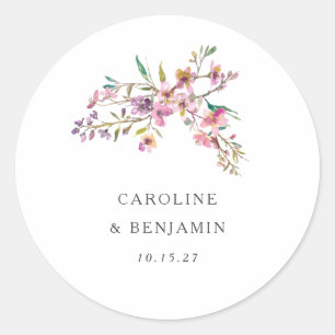 Minimalist Boho Pink Wildflowers Wedding Custom Classic Round Sticker