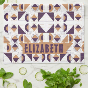 Minimalist Boho Purple & Gold Abstract Custom Name Kitchen Towel