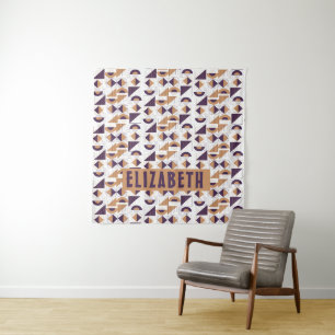 Minimalist Boho Purple & Gold Abstract Custom Name Tapestry