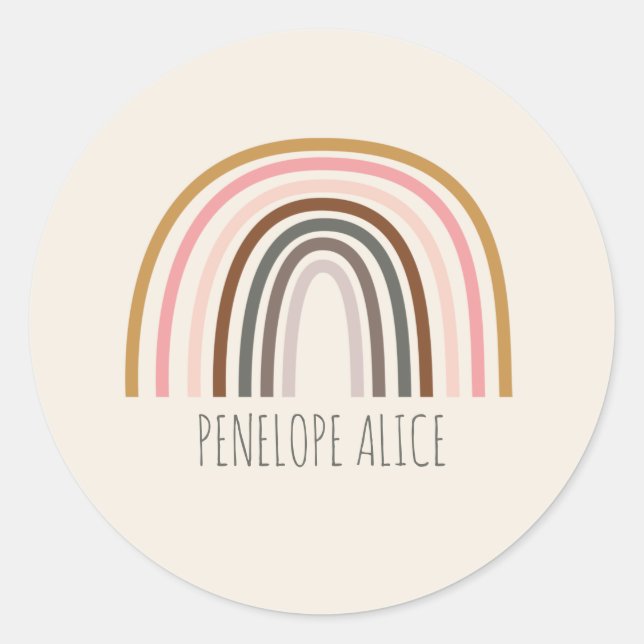 Minimalist Boho Rainbow Drawing Personalized  Classic Round Sticker (Front)