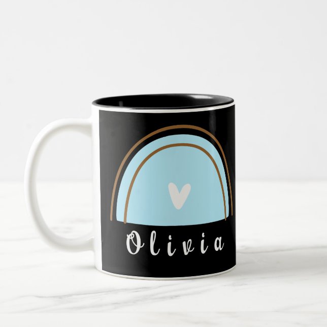 Minimalist Boho Rainbow with Personalized Name  Two-Tone Coffee Mug (Left)
