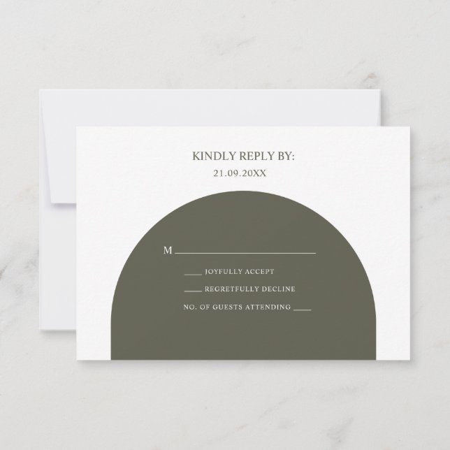 Minimalist Boho Retro Sage Green Arch Wedding RSVP Card (Back)