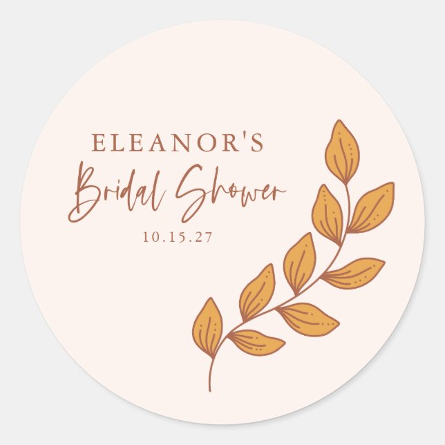Minimalist Boho Retro Vine Bridal Shower Custom Classic Round Sticker (Front)